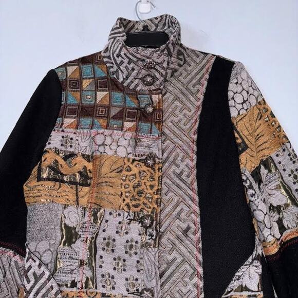 Zashi Women's Black & Beige Abstract Patchwork Jacket Long Sleeves Collar Small - Picture 2 of 6